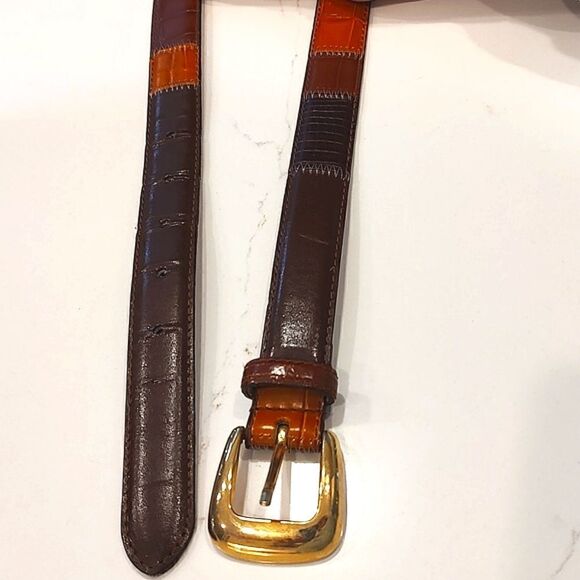 Leather Patchwork Reptile and Croc Embossed Belt Goldtone Buckle Size M - Picture 5 of 13